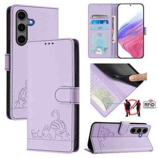 For Samsung Galaxy S25+ 5G Cat Rat Embossed RFID Leather Phone Case with Lanyard(Purple)
