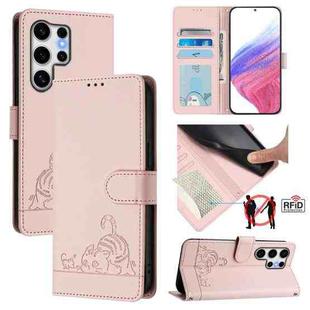 For Samsung Galaxy S25 Ultra 5G Cat Rat Embossed RFID Leather Phone Case with Lanyard(Pink)