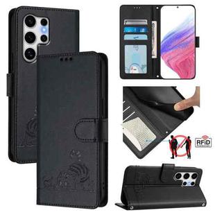 For Samsung Galaxy S25 Ultra 5G Cat Rat Embossed RFID Leather Phone Case with Lanyard(Black)
