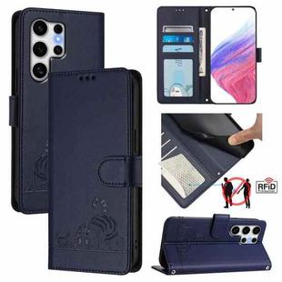 For Samsung Galaxy S25 Ultra 5G Cat Rat Embossed RFID Leather Phone Case with Lanyard(Blue)