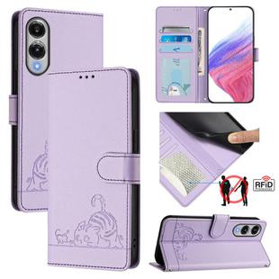 For Samsung Galaxy S25 Edge 5G Cat Rat Embossed RFID Leather Phone Case with Lanyard(Purple)