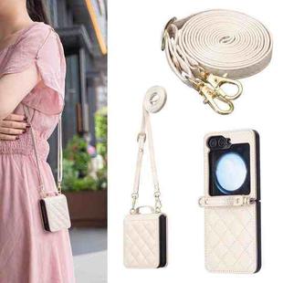 For Samsung Galaxy Z Flip5 Rhombus-shaped Crossbody Lanyard Leather Phone Case(Beige)