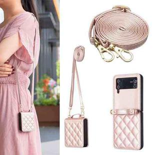 For Samsung Galaxy Z Flip4 Rhombus-shaped Crossbody Lanyard Leather Phone Case(Rose Gold)