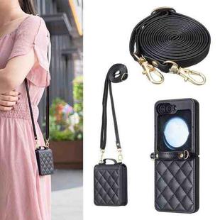 For Samsung Galaxy Z Flip7 Rhombus-shaped Crossbody Lanyard Leather Phone Case(Black)