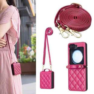 For Samsung Galaxy Z Flip7 Rhombus-shaped Crossbody Lanyard Leather Phone Case(Rose Red)