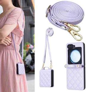 For Samsung Galaxy Z Flip7 Rhombus-shaped Crossbody Lanyard Leather Phone Case(Purple)