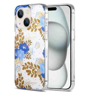 For iPhone 15 Dual-side Laminating IMD PC Hybrid TPU Phone Case(Blue Peony)