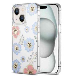 For iPhone 15 Dual-side Laminating IMD PC Hybrid TPU Phone Case(Blue Flower)