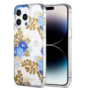 For iPhone 14 Pro Max Dual-side Laminating IMD PC Hybrid TPU Phone Case(Blue Peony)