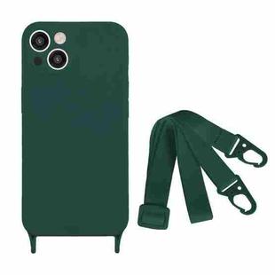 For iPhone 15 Fine Hole Silicone Phone Case with Lanyard(Dark Green)