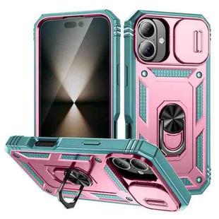 For iPhone 16 Plus Sliding Camshield TPU + PC Phone Case with Holder(Green+Pink)