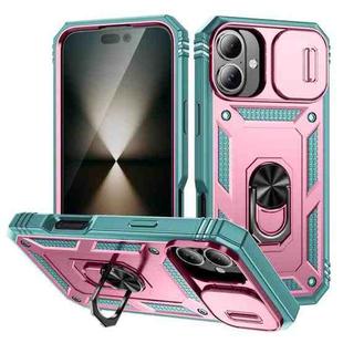 For iPhone 16 Sliding Camshield TPU + PC Phone Case with Holder(Green+Pink)