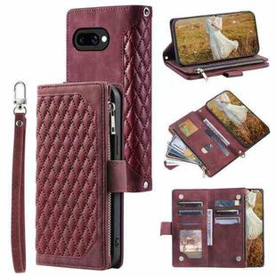 For Google Pixel 9a Grid Texture Zipper Leather Phone Case with Lanyard(Wine Red)