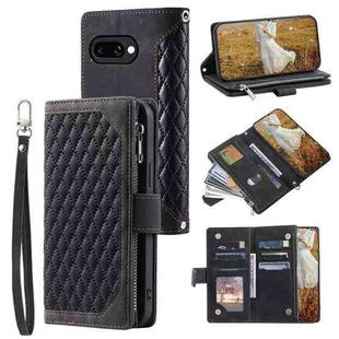 For Google Pixel 9a Grid Texture Zipper Leather Phone Case with Lanyard(Black)