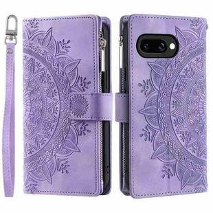 For Google Pixel 9a Multi-Card Totem Zipper Leather Phone Case(Purple)