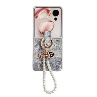 For Honor Magic V Flip Embroidery Style Full Coverage Phone Case with Ring Bead Chain(Grey)