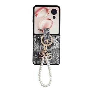 For Honor Magic V Flip Embroidery Style Full Coverage Phone Case with Ring Bead Chain(Black)