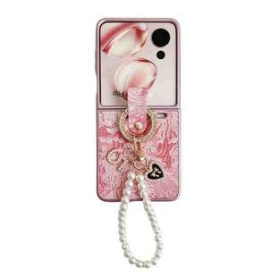 For Honor Magic V Flip Embroidery Style Full Coverage Phone Case with Ring Bead Chain(Pink)