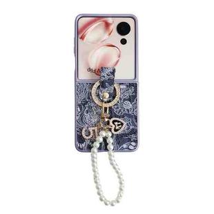 For Honor Magic V Flip Embroidery Style Full Coverage Phone Case with Ring Bead Chain(Blue)