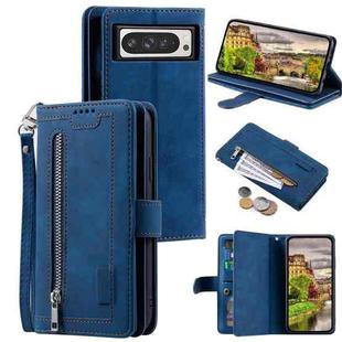 For Google Pixel 9 Pro XL Zipper Wallet Bag Horizontal Flip PU Phone Case with 9 Card Slots(Blue)