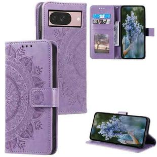 For Google Pixel 9 / 9 Pro Totem Flower Embossed Leather Phone Case with Lanyard(Purple)