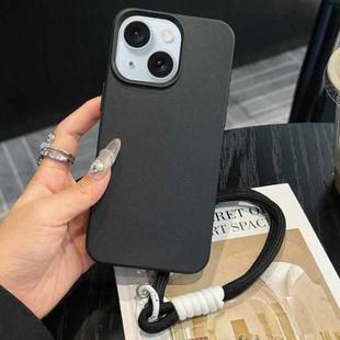 For iPhone 15 Plus Leather Texture TPU Full Coverage Phone Case with Lanyard(Black)