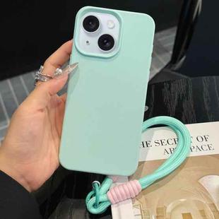 For iPhone 15 Plus Leather Texture TPU Full Coverage Phone Case with Lanyard(Green)