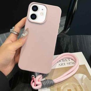 For iPhone 12 Leather Texture TPU Full Coverage Phone Case with Lanyard(Pink)