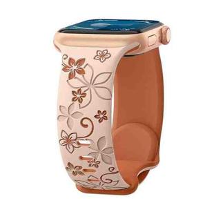 For Apple Watch Series 9 41mm Bauhinia Two-color Embossed Silicone Watch Band(Pink Brown)