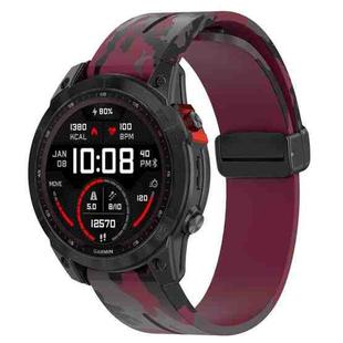 For Garmin Fenix 7 Magnetic Folding Black Buckle Color Printed Silicone Watch Band(Camouflage Wine Red)