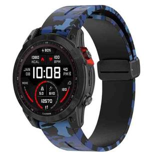 For Garmin Fenix 7X Magnetic Folding Black Buckle Color Printed Silicone Watch Band(Camouflage Blue)