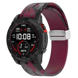 For Garmin Fenix 7S Magnetic Folding Silver Buckle Color Printed Silicone Watch Band(Camouflage Wine Red)