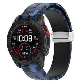 For Garmin Fenix 7 Magnetic Folding Silver Buckle Color Printed Silicone Watch Band(Camouflage Blue)