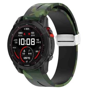 For Garmin Fenix 7 Magnetic Folding Silver Buckle Color Printed Silicone Watch Band(Camouflage Green)