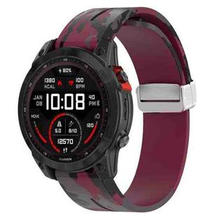 For Garmin Fenix 7X Magnetic Folding Silver Buckle Color Printed Silicone Watch Band(Camouflage Wine Red)