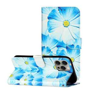 For iPhone 16 Pro Max Colored Drawing Marble Pattern Leather Phone Case(Blue Flower)