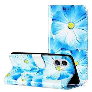 For iPhone 16 Plus Colored Drawing Marble Pattern Leather Phone Case(Blue Flower)