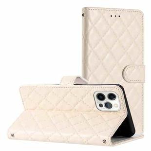 For iPhone 16 Pro Max Rhombus Lattice Texture Leather Phone Case(White)