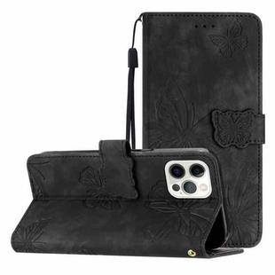 For iPhone 16 Pro Max Skin-feel Embossed Butterfly Leather Phone Case(Black)