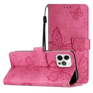 For iPhone 16 Pro Max Skin-feel Embossed Butterfly Leather Phone Case(Rose Red)