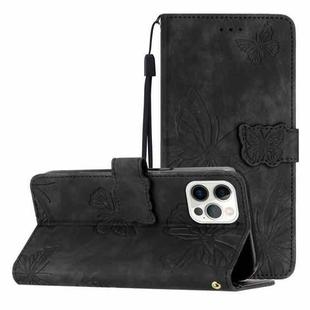 For iPhone 16 Pro Skin-feel Embossed Butterfly Leather Phone Case(Black)