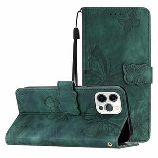 For iPhone 16 Pro Skin-feel Embossed Butterfly Leather Phone Case(Green)