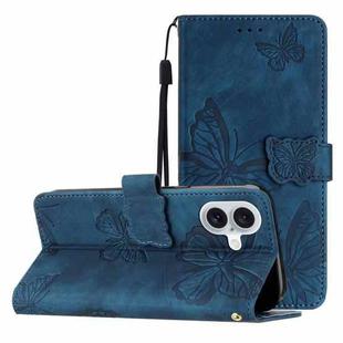 For iPhone 16 Plus Skin-feel Embossed Butterfly Leather Phone Case(Blue)