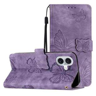 For iPhone 16 Plus Skin-feel Embossed Butterfly Leather Phone Case(Purple)