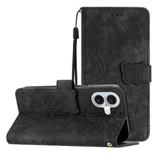 For iPhone 16 Skin-feel Embossed Butterfly Leather Phone Case(Black)