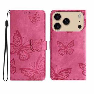 For iPhone 17 Pro Max Skin-feel Embossed Butterfly Leather Phone Case(Rose Red)