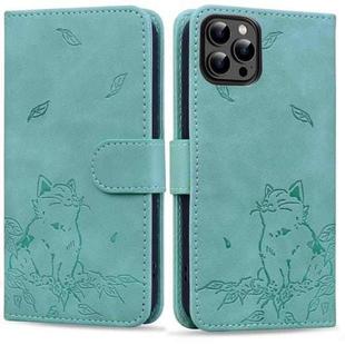 For iPhone 16 Pro Max Cute Cat Embossed Leather Phone Case(Green)