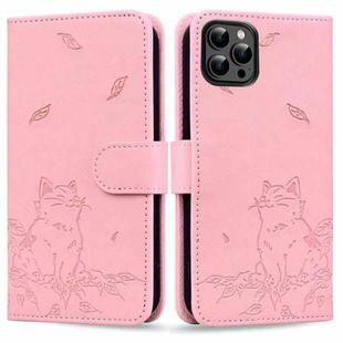 For iPhone 16 Pro Max Cute Cat Embossed Leather Phone Case(Pink)