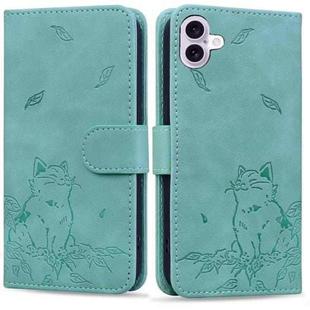 For iPhone 16 Plus Cute Cat Embossed Leather Phone Case(Green)