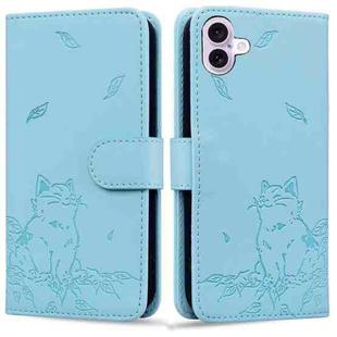 For iPhone 16 Plus Cute Cat Embossed Leather Phone Case(Sky Blue)